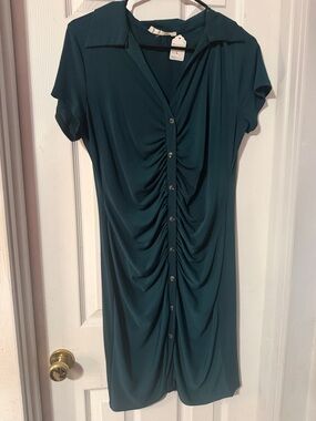 Ruched Green Midi Dress with Button Front